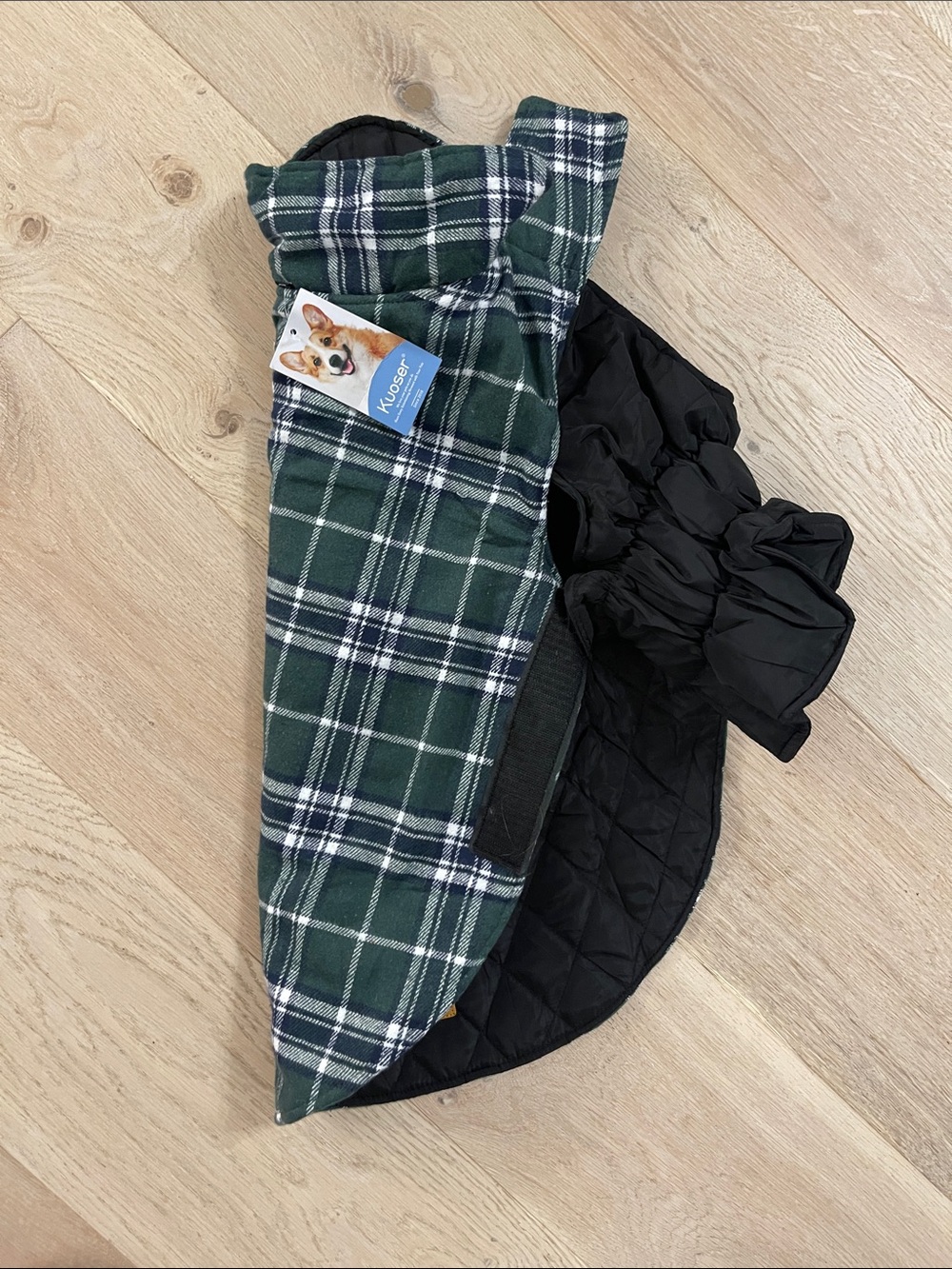 Kuoser Green Plaid Dog Coat with Black Quilted Lining - Reversible NWT